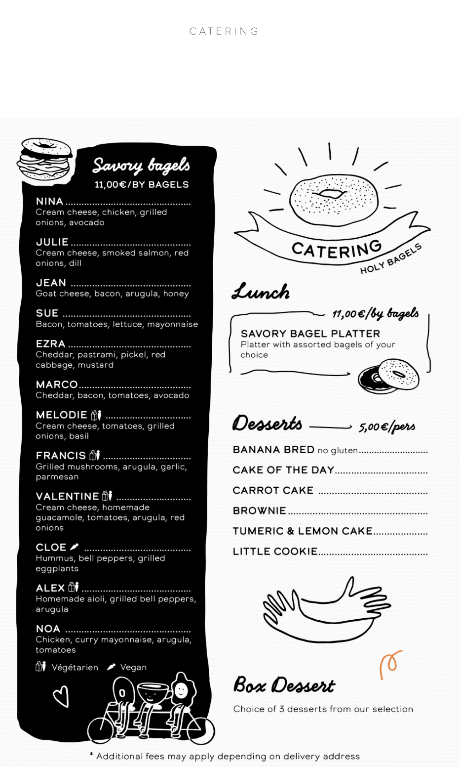 Holy Bagels Brussels catering menu — savoury bagel platters, lunch formulas and dessert boxes for group brunch catering